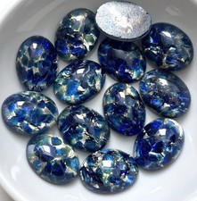 6 Vintage Blue Opal Art Glass Cabochons Silver Czech 16x12 Cabs C6-89