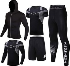 BOOMCOOL 5PC Men's Workout Set Compression Shirt Pants Hoodie Jacket Sports F...