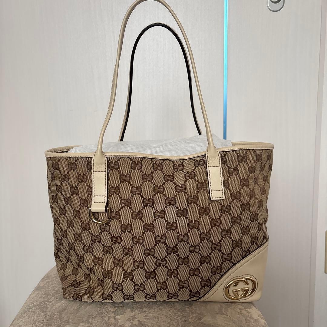 GUCCI GG Canvas Leather Tote Bag Beige White Authentic Excellent Condition