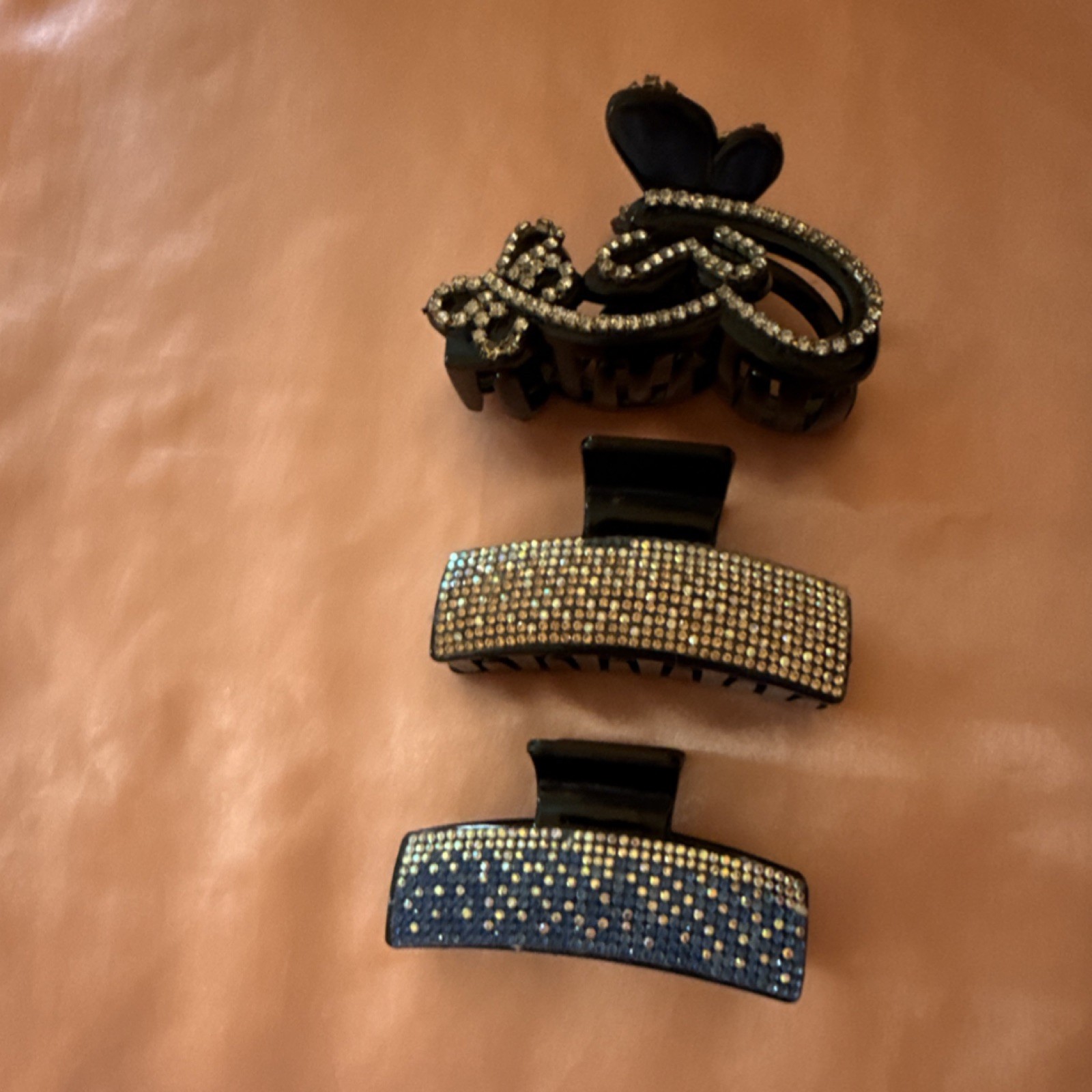 Set of 3 Black/Silver/Blue Plastic Bow Hair Claw Clips with 