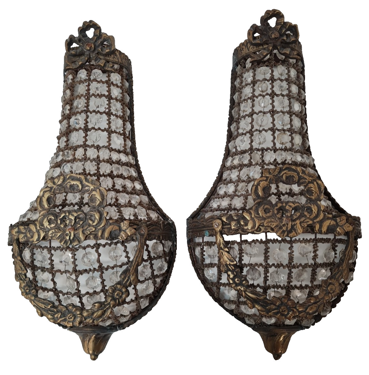 Pair of French Empire Crystal Long Beads Basket Wall Sconce Early 20th Century