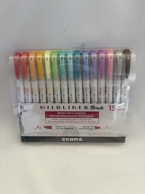 15 Mildliner Brush Marker, Double Ended Brush and Fine Tip Pen, Soft Colors.