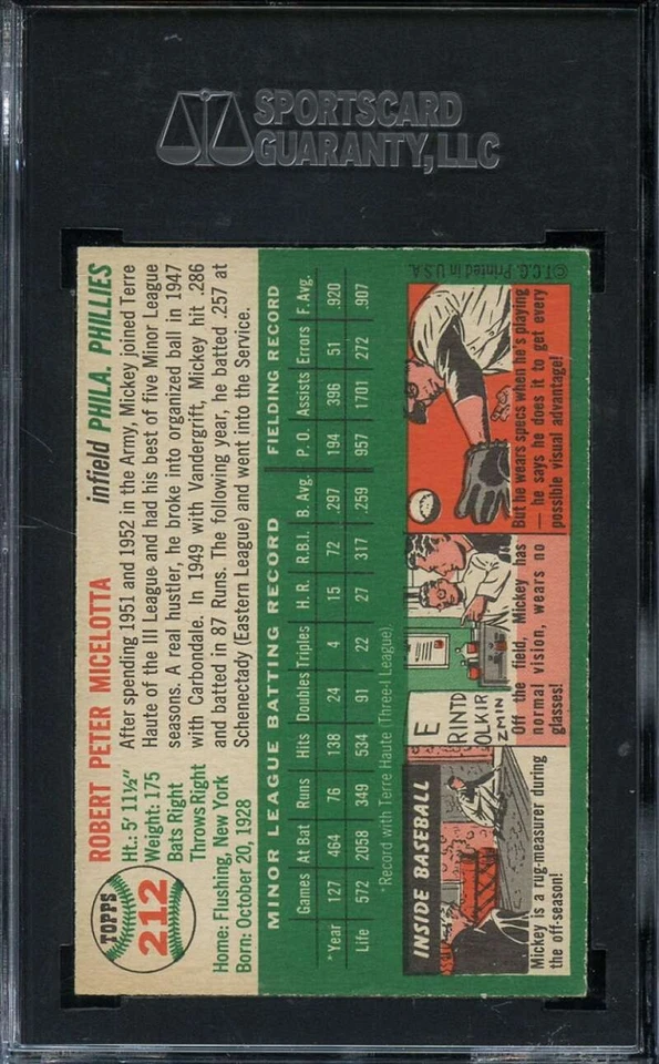 1954 TOPPS #212 MICKEY MICELOTTA SGC 8 (RC) PHILLIES *DS13283 - Image 2 of 2