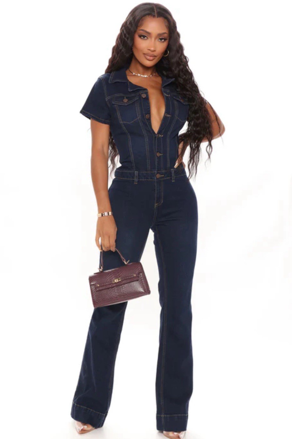 Denim Jumpsuit Stretchy With Tags Flare Leg One Piece Never Worn Size M-image