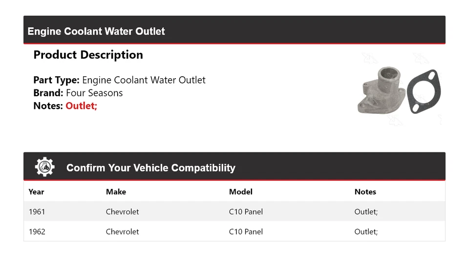 Para Chevrolet C10 1961-1962 panel motor refrigerante salida de agua 4 estaciones Foto 2 de 4