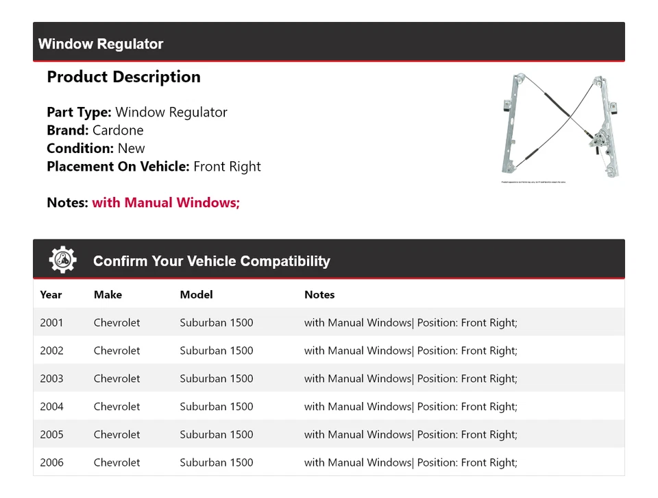 Regulador de ventana delantero derecho Cardone 2002 para Chevrolet Suburban 1500 2001-2006 Foto 2 de 4