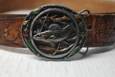 Vintage BERGAMOT BRASS WORKS 1988 Walleye buckel W/Leather belt