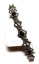 Traumhaftes solides 925 Silber Armband Handarbeit schwarzer Onyx + Markasit