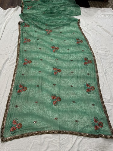 Indian Sari Green with Flowers Beaded, Ethnic 42x232”