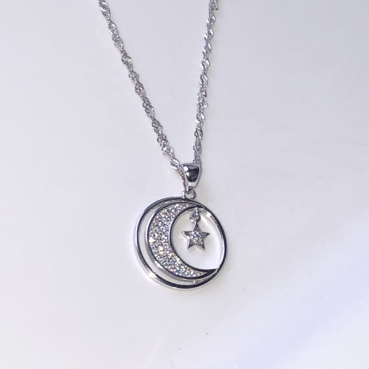 Crescent Moon Star 925 Necklace White Pavè Crystal with