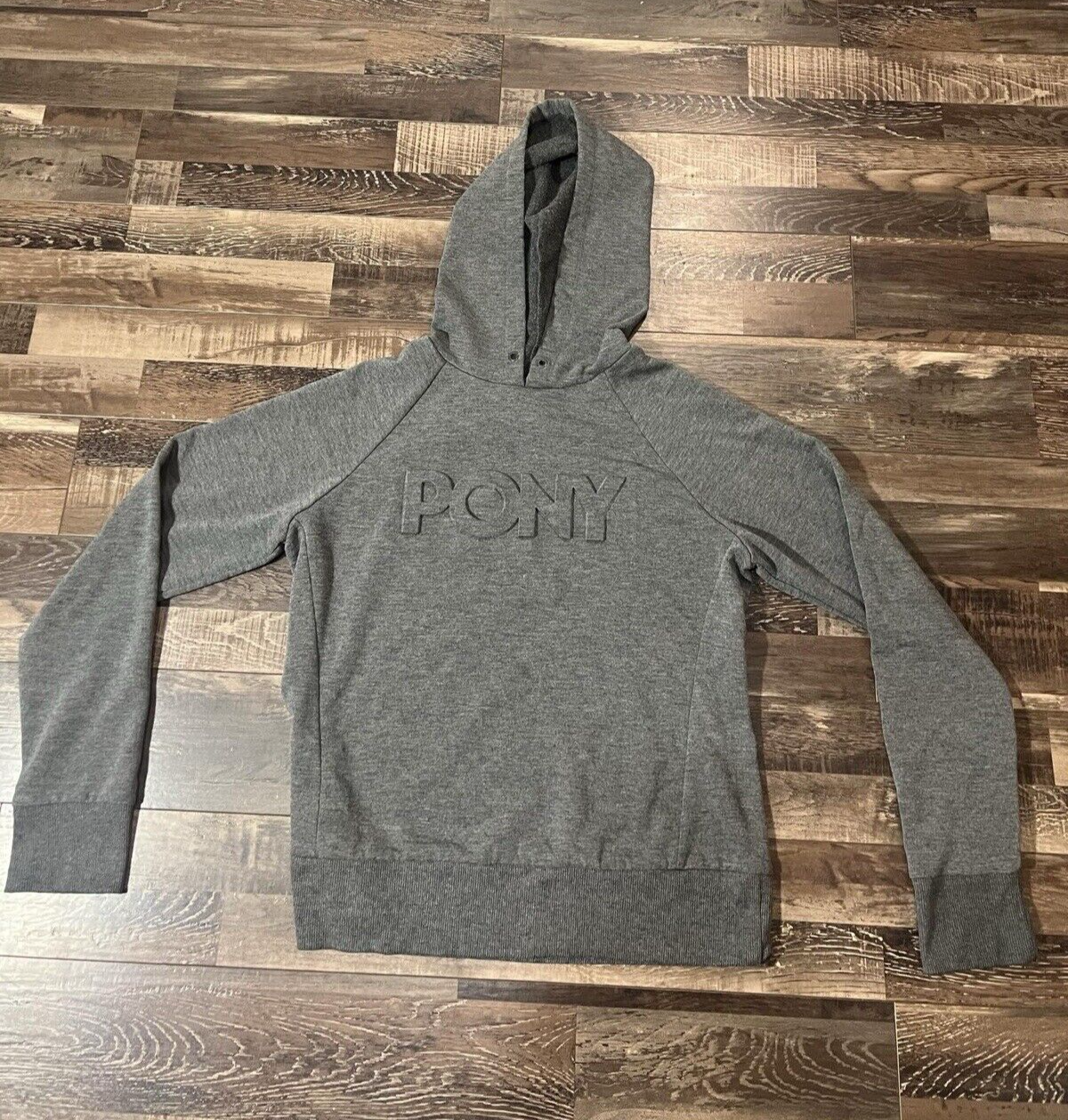Felpa con cappuccio marca PONY adulto taglia media pullover grigio logo in rilievo rayon spandex