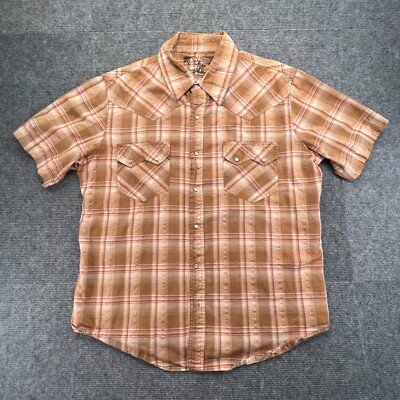 Ely 1878 Western Pearl Snap Shirt Mens L Rust Brown Plaid Copper Thread Trim
