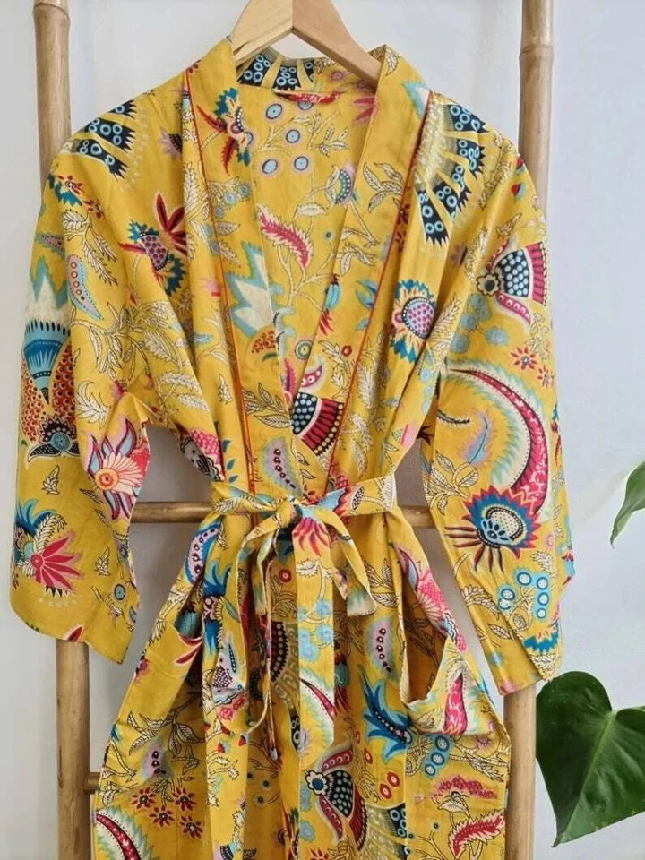 Indian Vintage 100% Cotton Long Beach Maxi Kaftan Dress One Size Caftan Kimono - Image 3 of 4