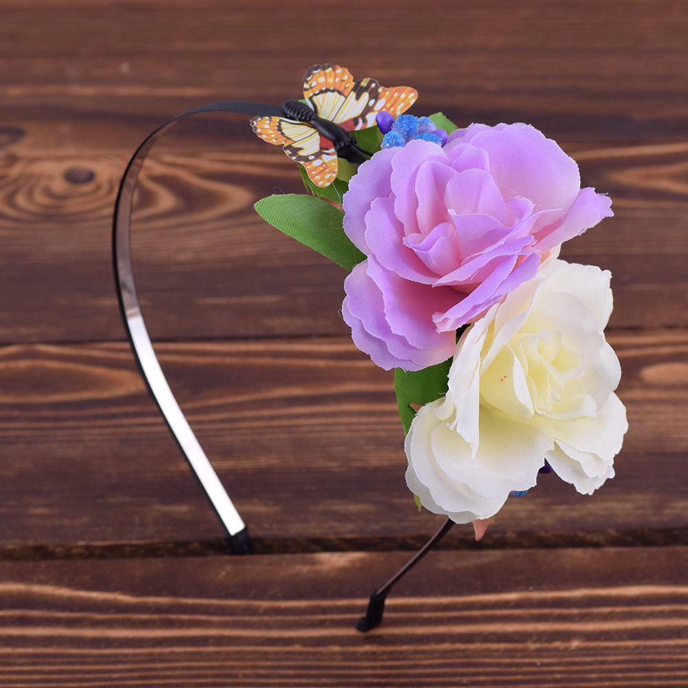 Headband Flower Wreath Butterfly IVORY PURPLE GREEN Wedding Hair - Main Image