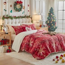 Christmas Sherpa Comforter Set Queen Size 3 Pieces Holiday Red Winter Bedding...
