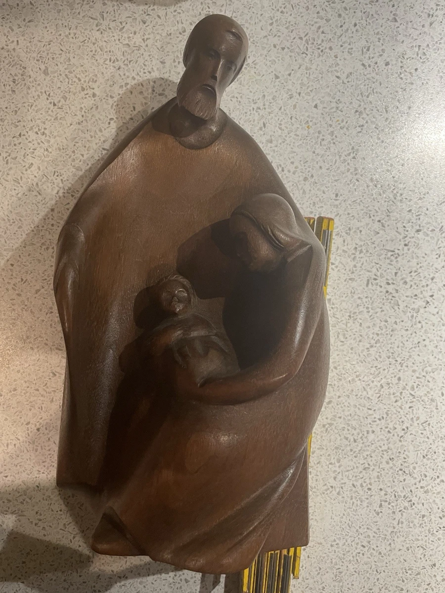 Moderne Heilige Familie Blockkrippe 26cm – Edle Holzschnitzerei, Schön erhalten