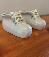 Vintage K's Collection Ceramic White Laced Baby Bootie Shoe Planter Set Of 2