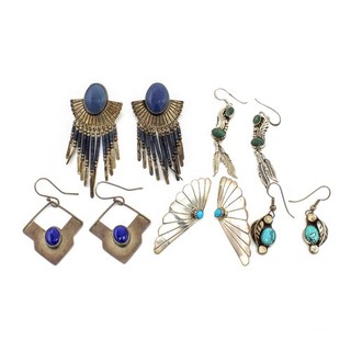 Southwest Signed Sterling Turquoise Lapis Post Dangle Earring Lot of 5 #S4571 2