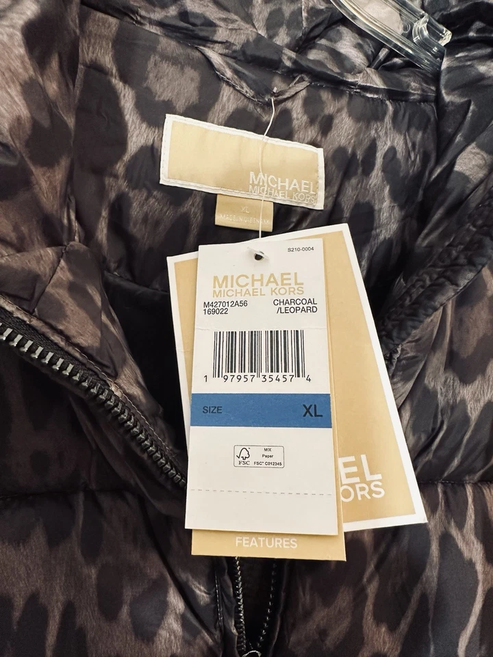 Michael Kors hooded quilted puffer jacket leopard print charcoal brown NWT sz XL - Image 3 of 4