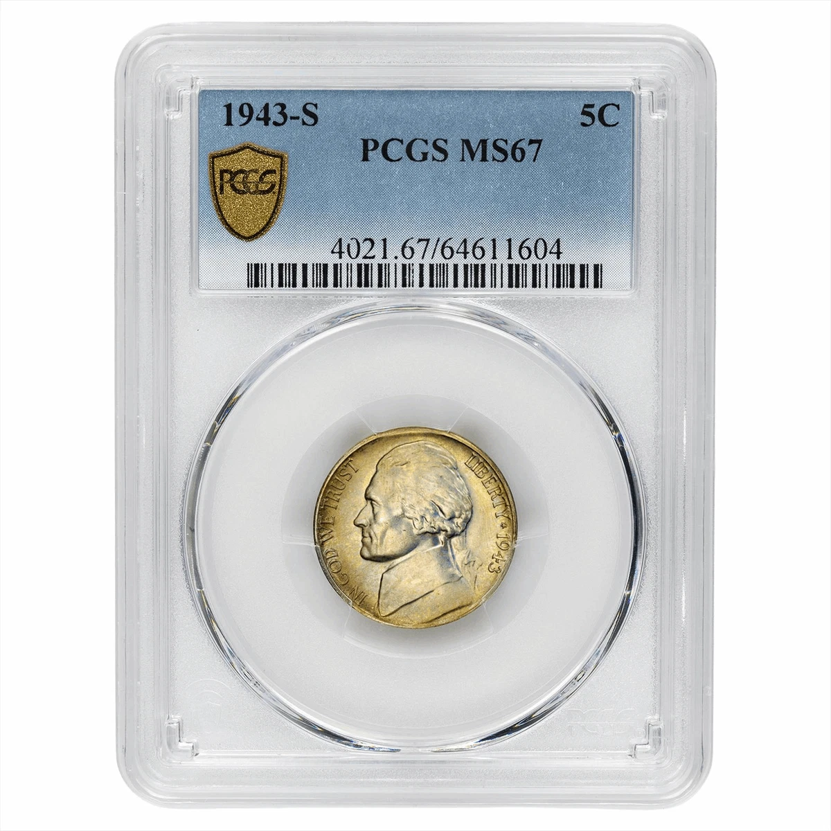 PCGS Certified MS 67 Graded 1943 Year US Jefferson Nickels (1938