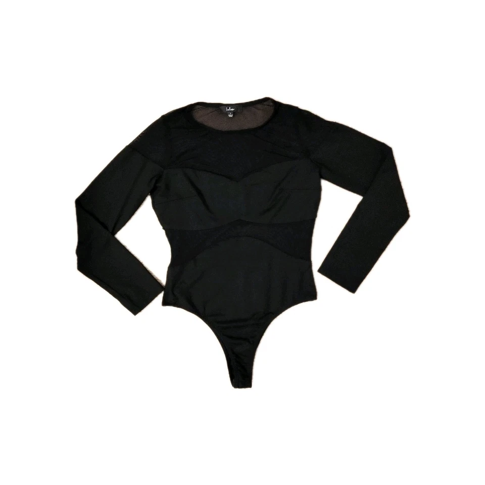 Lulus Bodysuit Thong Long Sleeve Black Mesh Panel Cutouts Snap Bottom Size Large - Image 2 of 4