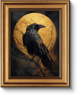 Vintage Gold Framed Raven Wall Art 8X10 Inch Gothic Crow Illustration with Full