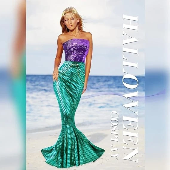 Mermaid Costume for Women 4pcs Sequin Top Skirt Pearl Chain Halloween - Image 4 of 4