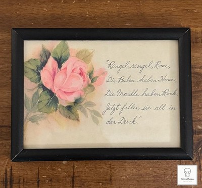 Framed German Poem Wall Hanging Hand Written Art Original Illustration Vintage