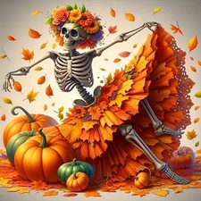 Skeleton Wearing a Fall Leaf Dress 5D Drill Dot Gem Art Kit Flowers Pumpkins NEW