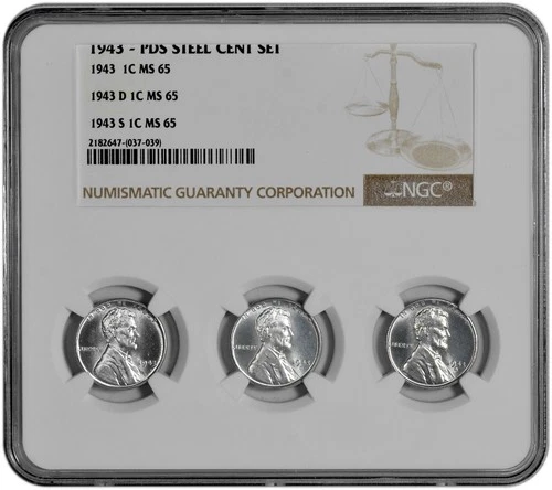1943 P D S 1c Lincoln Steel Wheat Cent Set NGC MS 65 Three Coin Lot - Tri-Holder