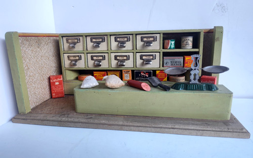 Vintage German Toy Kitchen Diorama   Apothecary Drawers, Groceries, Counter (#2)