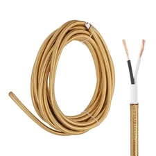 15Ft 18AWG 2 Conductor 300V Cloth Covered Lamp Wire Cord, Light Gold