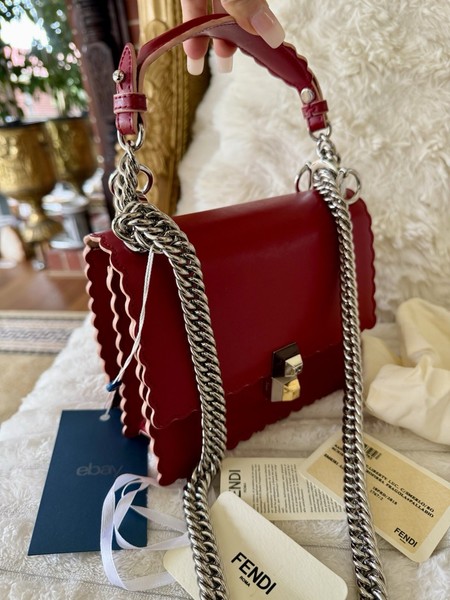 Fendi Kan Small Scallop Red Leather Bag With Silver Chain