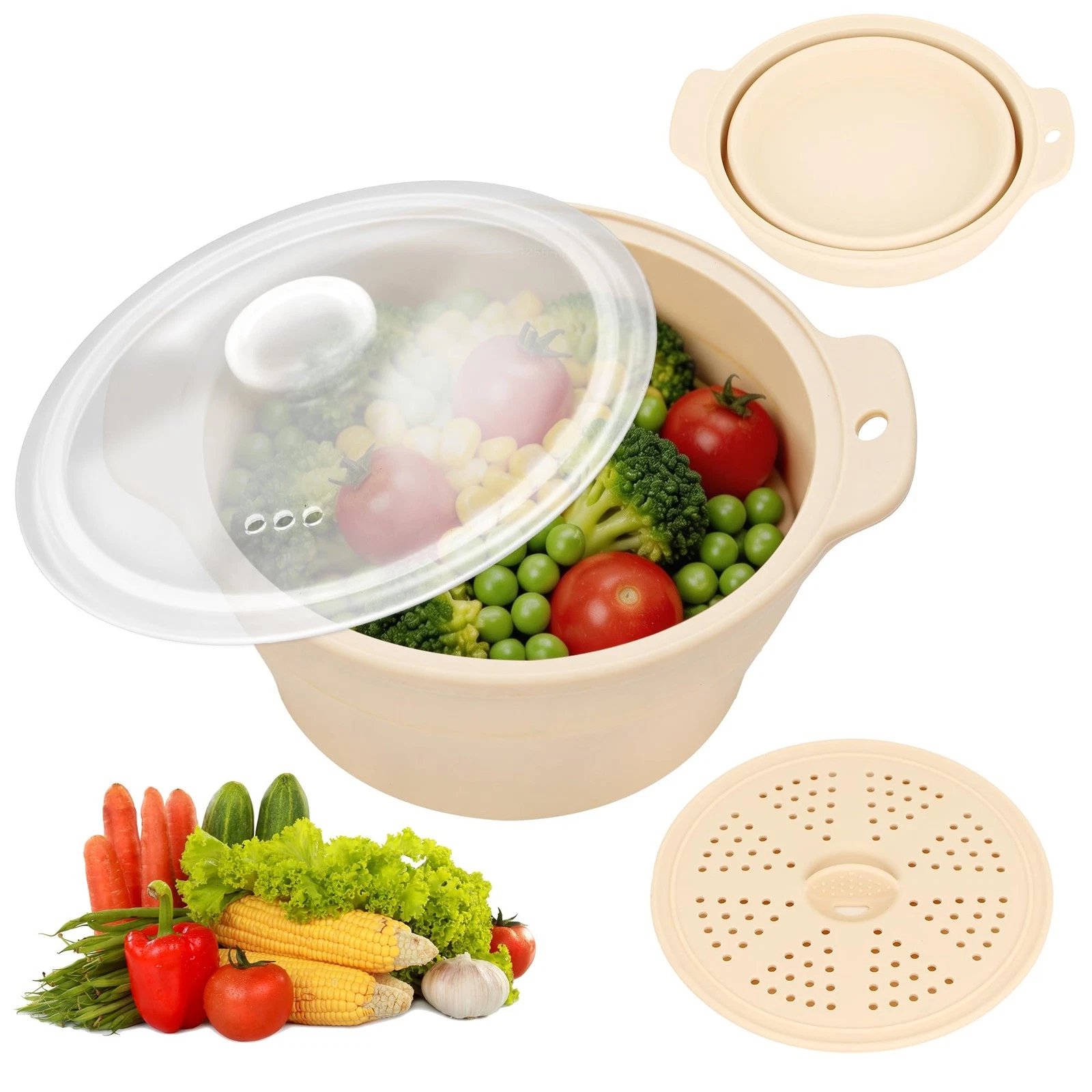 Microwave Vegetable Steamer, 42oz Large Collapsible Silicone Steamers With Li...