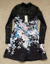 Lipsy Women’s Black Floral Dress Lace Top & Sleeves High neck Skater Size 10 NWT