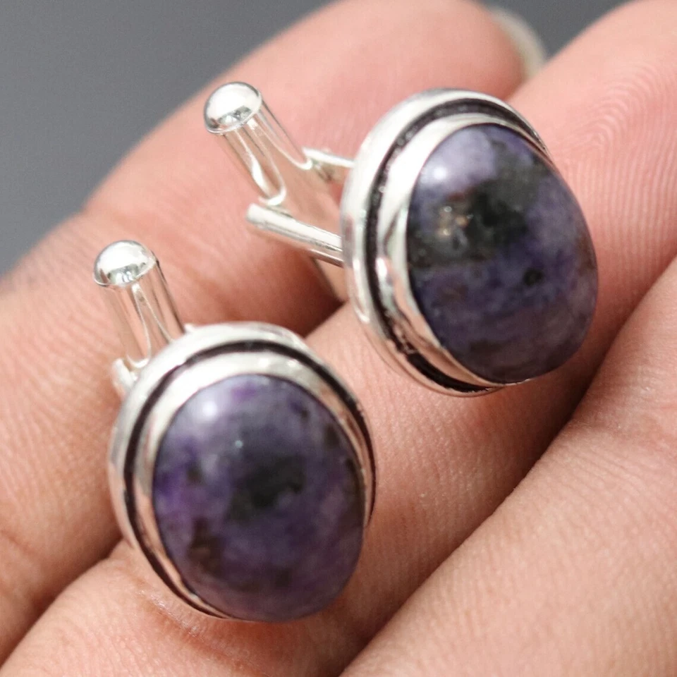 Gemelos de plata de ley 925 de cristal Charoite regalo para hombre Foto 4 de 4