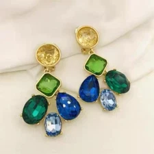 Oscar De La Renta Gold CLIP ON Earrings Blue Green Yellow CZ Statement Cluster