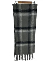 Steve Madden Plaid Scarf Wrap 76" X 15" Black Gray Soft Fuzzy Oversize