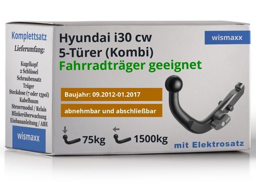 AHK für Hyundai i30 Kombi cw 12-17 abnehmbar BRINK +13pol E-Satz ECS spezifisch