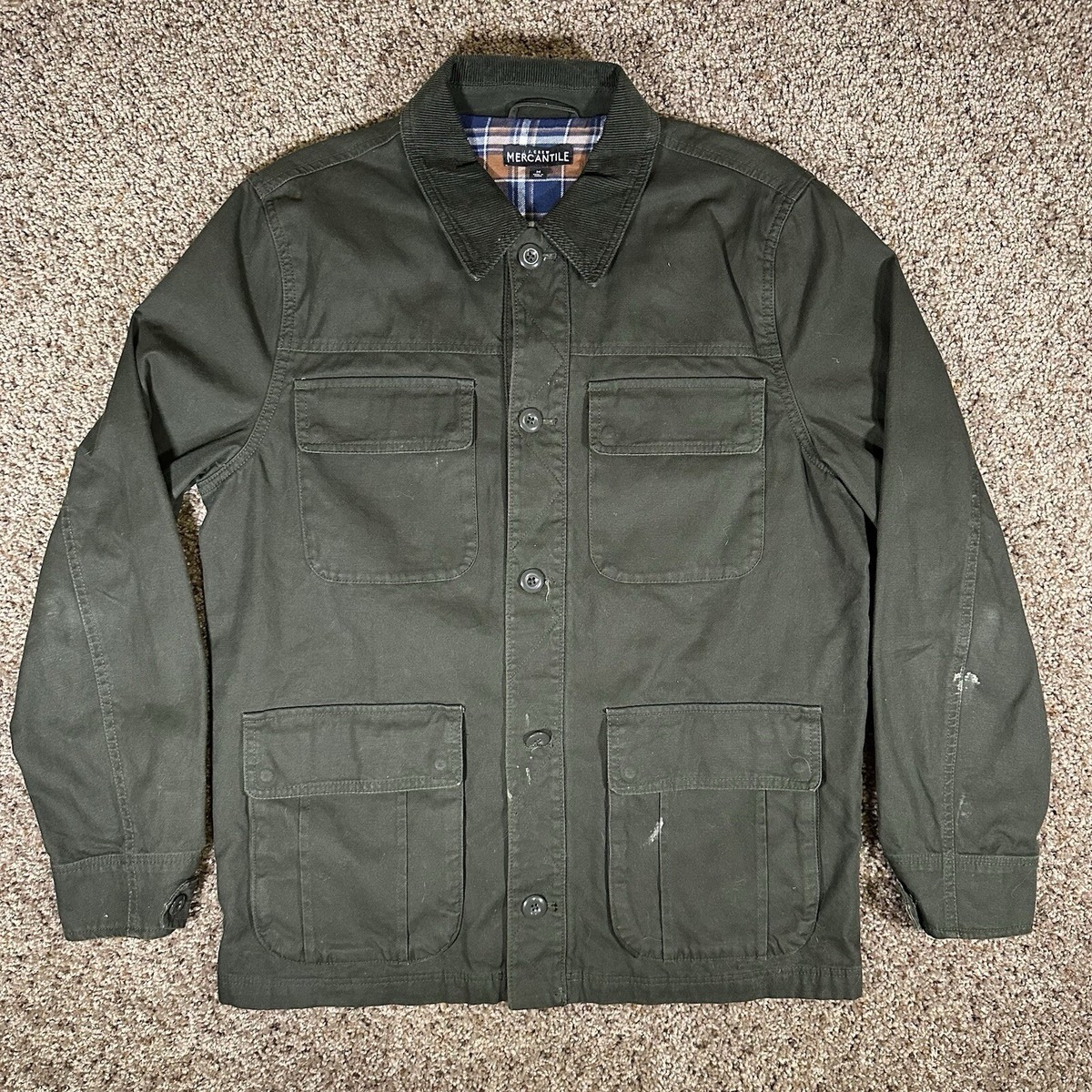 J Crew Mercantile Chore Coat Mens M Green Flannel Lined Barn Field Jacket