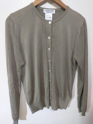 Jaeger 100% Seide Damen Knopfleiste dünne grüne kleine Strickjacke Rundhals (Mängel)
