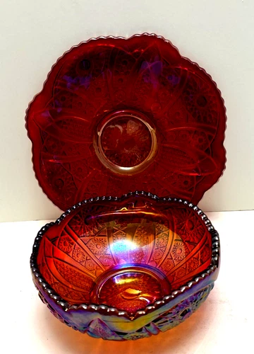 Vintage 1970s Indiana Glass Iridescent Sunset 2 Piece Dessert Set Bowl/Plate