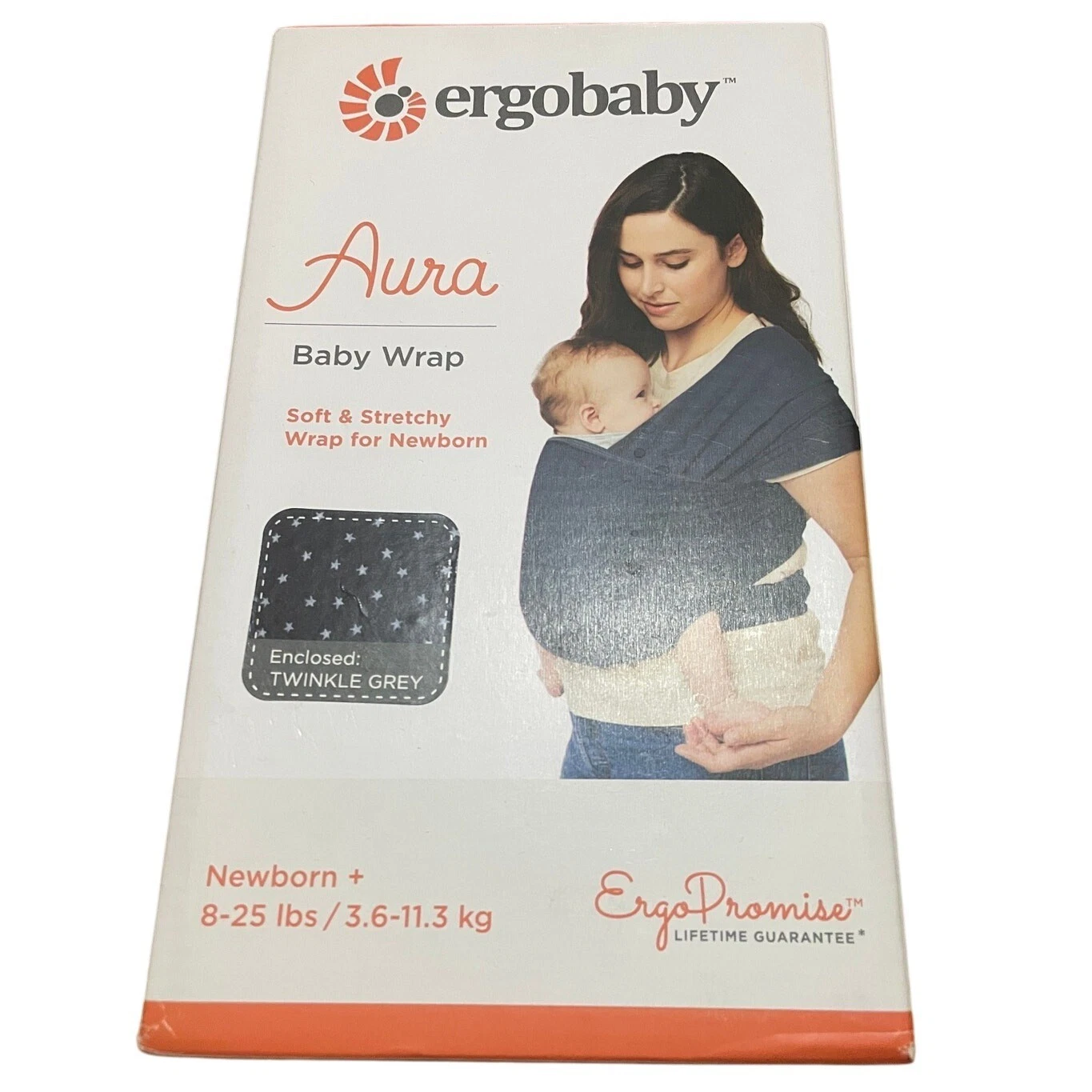 Ergobaby Aura Baby Wrap Newborn+ 8-25 lbs. Lightweight Twinkle Grey Stars NWT