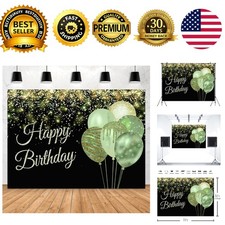 7x5ft Green Happy Birthday Backdrop Glitter Balloons Gold Sparkle Sequins Dot...