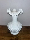 Fenton White Milk Glass Hobnail Ruffled Rim Vase 10.5