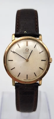Vintage Omega Dress Watch Manual Wind Gold Toned Case Brown Leather Band Lot.H72