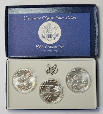 1983 PDS U.S. BU Unc Olympic 90% Silver Dollars 3-Coin Set Box COA, Z-83AEK3