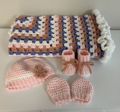 Handmade Crochet 0-3 Month Set. Blanket, Hat, Booties, and Mittens. 