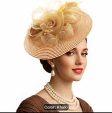Women s Church/tea party Wide Brim HeadpieceFloral Tulle Detail, Khaki, One Size