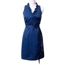 LOFT Sleeveless Wrap Dress Size 4 Teal Blue Cotton Sateen Ruffle